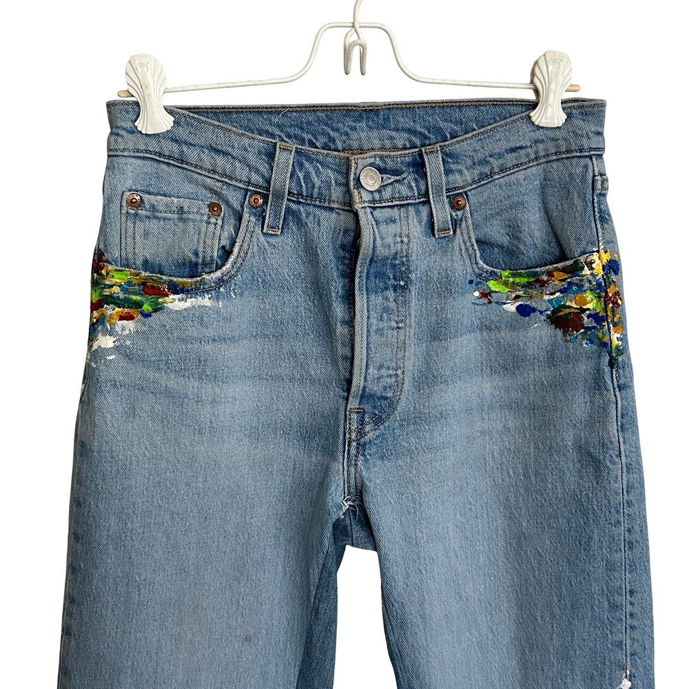 Custom Reworked Levi's 501 Split-Hem Flare Paint Splatter Jeans Size 25 - Picture 3 of 13